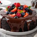 1Delicious chocolate cake with chocolate glaze and fresh berries on a white plate on a gray concrete background